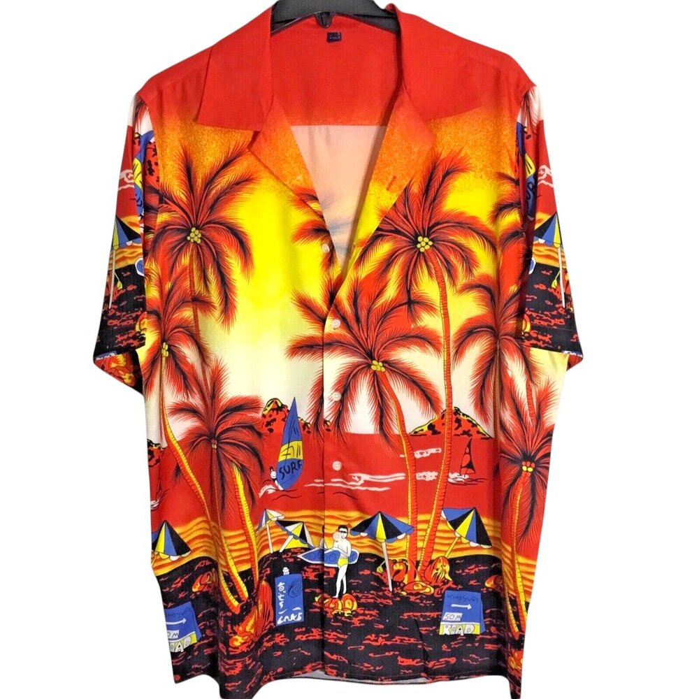 Design in Italy Surf Beach Shirt Hawaiian Palm Tree Print Short Sleeve Large